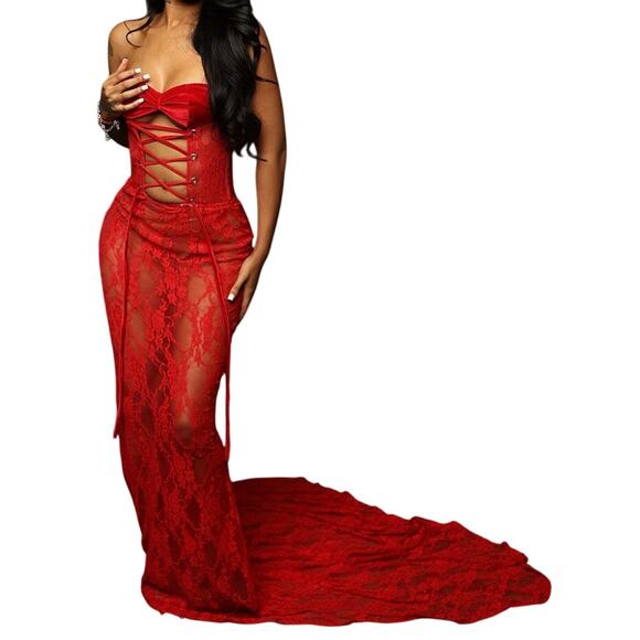 Loragal Cutout Lace Up Strapless Mermaid Lace Maxi Dress in Red, Size L - Picture 1 of 1